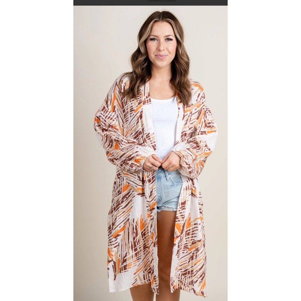 Lush Kimono Duster Women Medium Orange Brown Abstract Cotton Excellent‎ T17316-1
